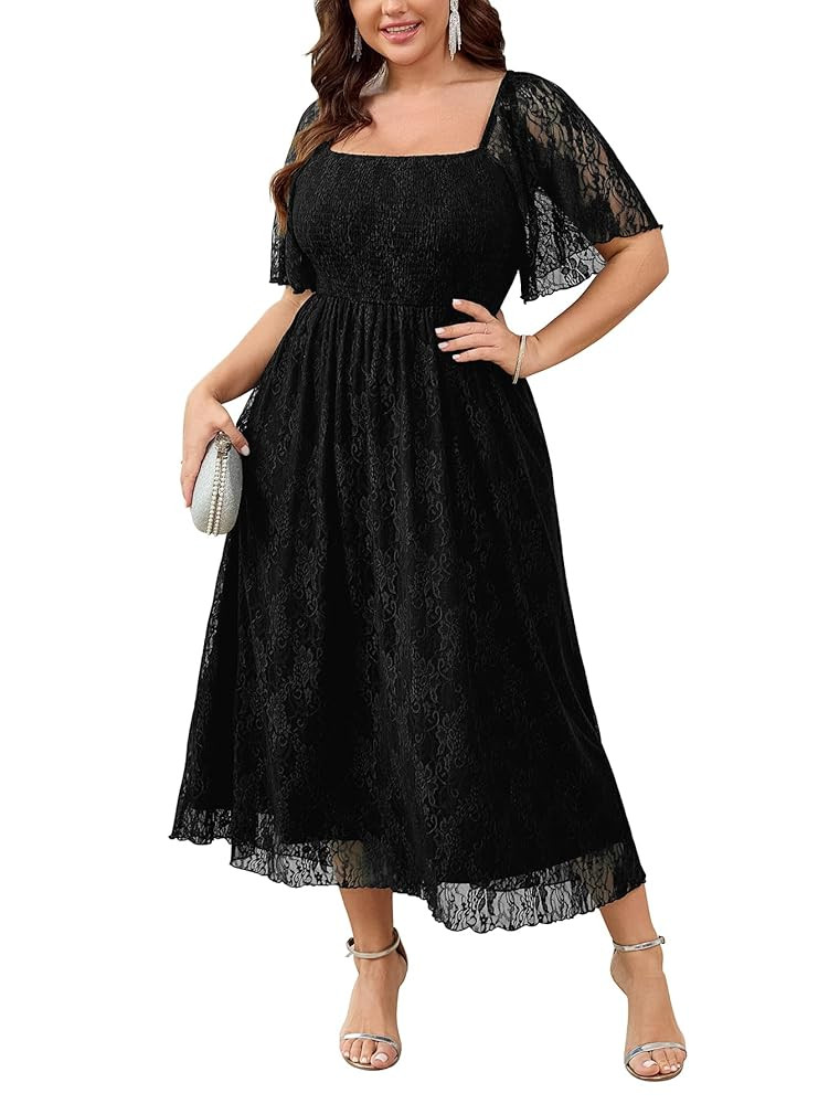 SCOMCHIC Women's Plus Size Wedding Guest Dress Formal Lace Square Neck Short Sleeve Smocked Flowy... | Amazon (US)