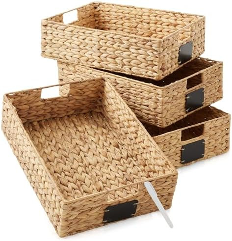 Casafield Set of 4 Water Hyacinth Pantry Baskets, 12-1/2" x 17" x 5", with Chalkboard Labels and ... | Amazon (US)