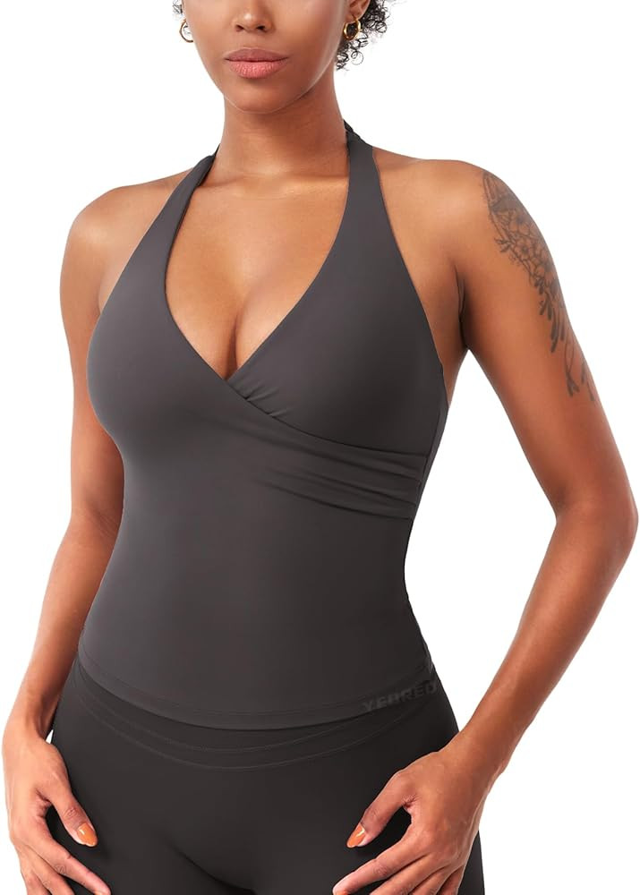 YEOREO Womens Halter Tank Tops Workout Impact Longline Strappy Top Padded Deep V Neck Wrap Gym Ba... | Amazon (US)