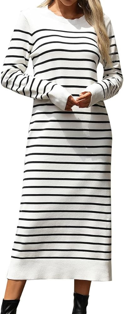 Womens Striped Sweater Dress Fall Knit Crewneck Long Sleeve Baggy Casual Long Dress Loose Autumn ... | Amazon (US)