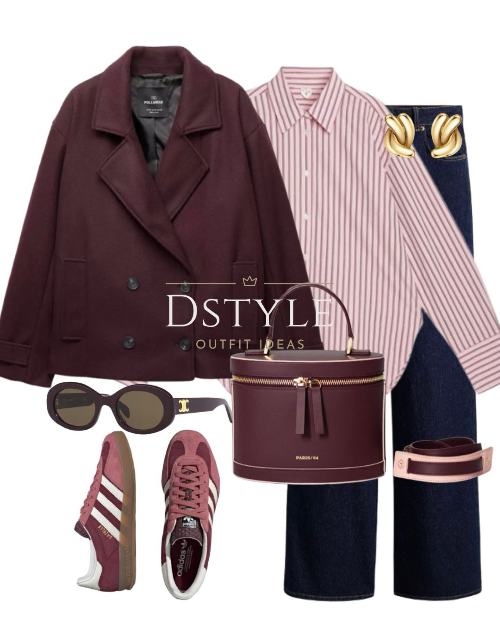 Short felt texture coat, pink/burgundy striped relaxed-fit shirt, dark denim blue wide jeans, Adidas Gazelle Indoor sneakers, maroon shoes, trainers, Paris64 Prismatic Burdeos bag 

 #LTKFindsUnder50 #LTKStyleTip #LTKWorkwear