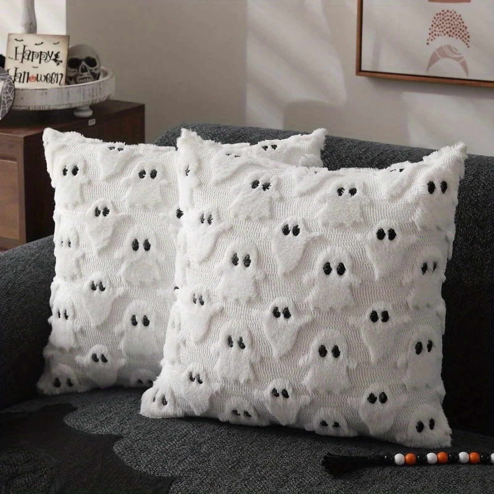 Set of 2 Halloween Pillow Covers 18x18 inch White Ghost Throw Pillow Cases Soft Plush Fur Wool Co... | Walmart (US)