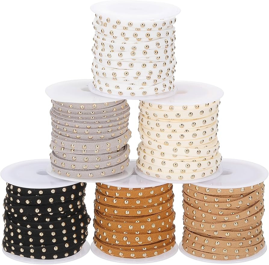 PATIKIL 32.8 Yards Studded Faux Suede Cord Rope for Jewelry Making, 6Pcs Each 5m 5mm Flat Leather... | Amazon (US)