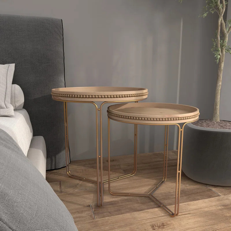 Wooden Round Beaded Nesting Side End Brown Accent Table with Gold Metal Stand Set | Wayfair North America