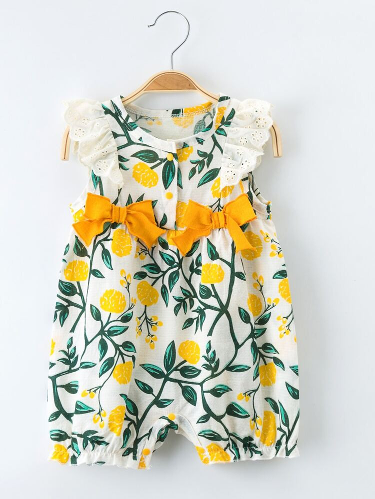 Baby Girl Double Bow Ruffle Plants Print Romper | SHEIN