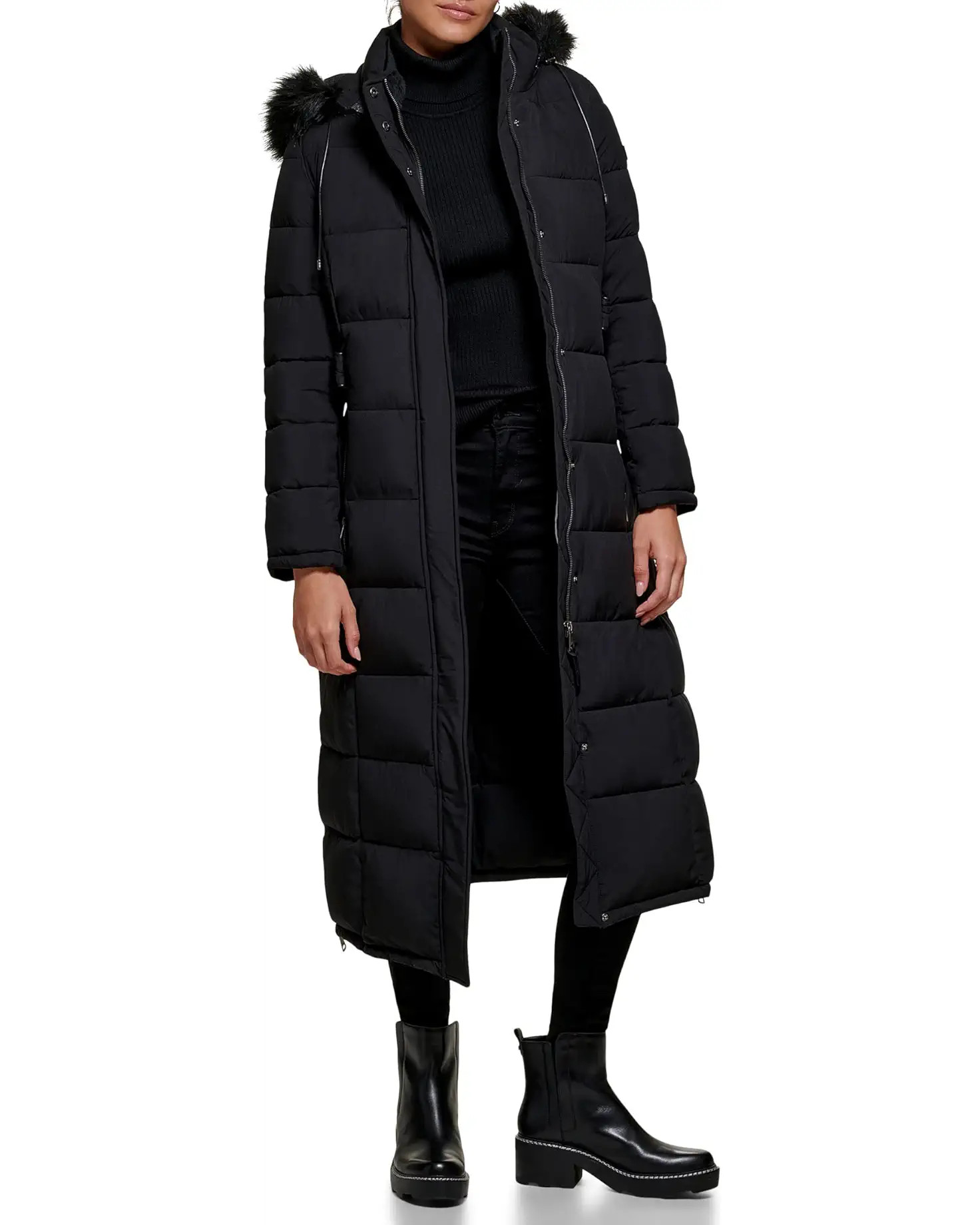 DKNY Faux Fur Hooded Maxi Puffer | Zappos