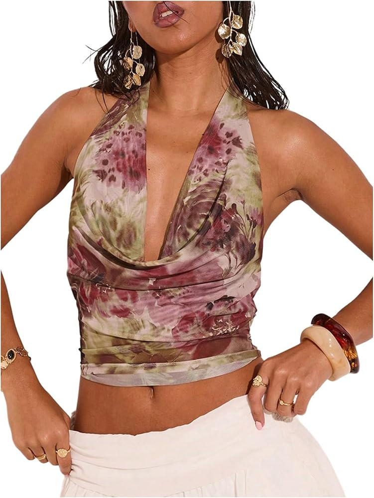 SOLY HUX Women's Cowl Neck Halter Tops Backless Summer Floral Sheer Mesh Deep V Neck Going Out Cr... | Amazon (US)