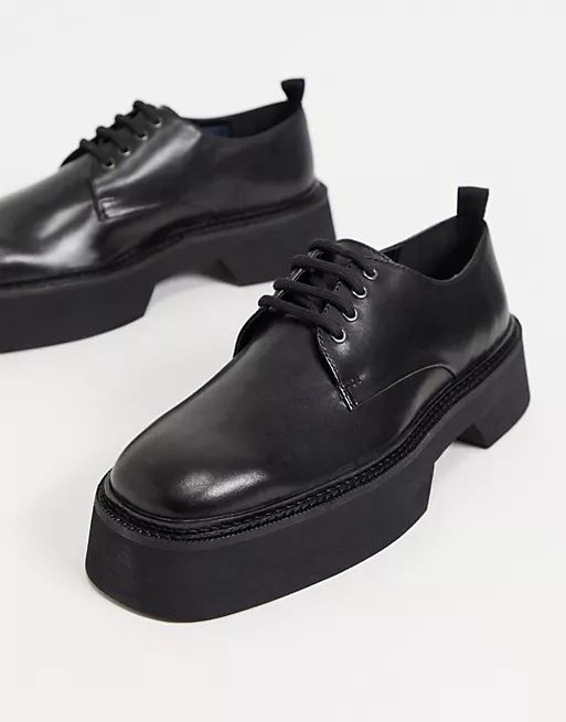 ASOS DESIGN lace up square toe shoes in black leather with block colour chunky sole | ASOS (Global)