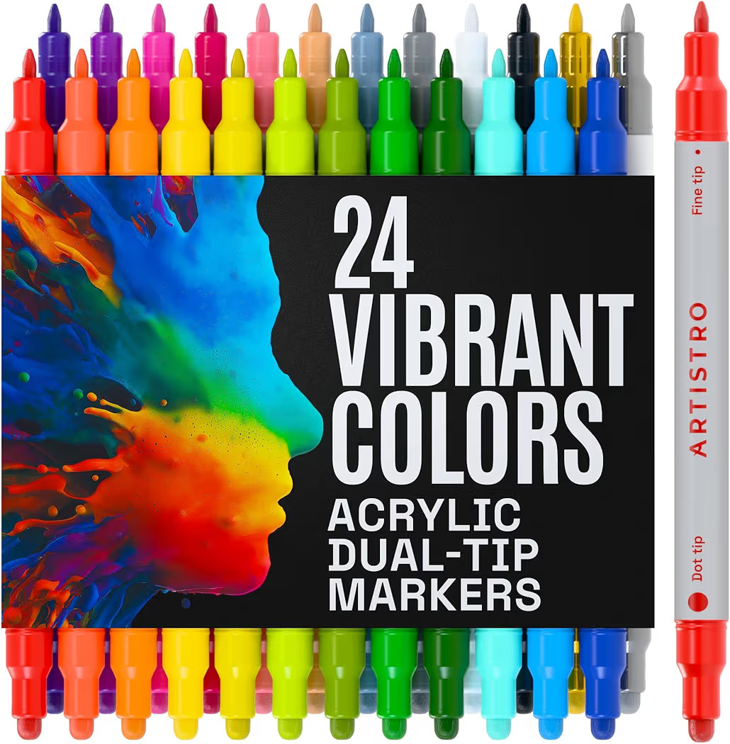 ARTISTRO 24 Acrylic Paint Markers for Rock, Fabric, Wood, Glass, Craft, Decoration - Dual-Tip Pai... | Amazon (US)