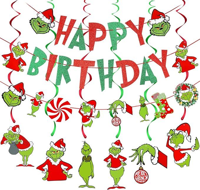 Grinch Happy Birthday Banner Red and Green Grinch Birthday Banner for Grinch Happy Birthday Decor... | Amazon (US)