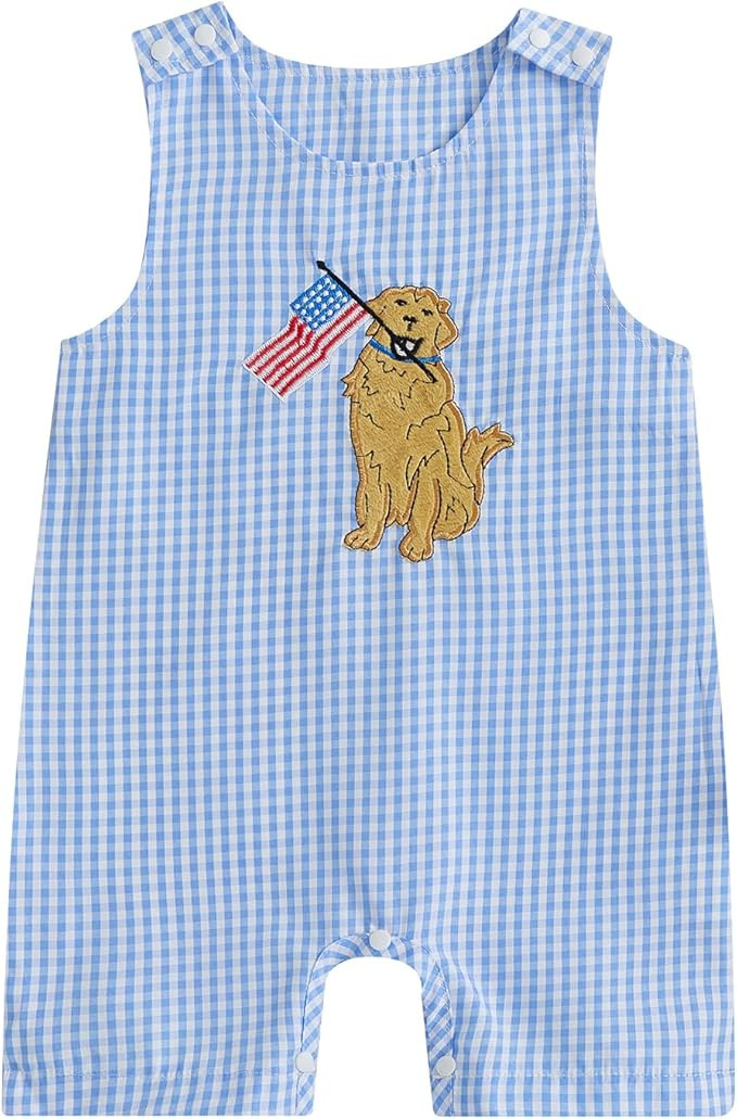 4th of July Baby Boy Outfit Flag Dog Embroidery Romper Plaid Sleeveless Jumpsuit One Piece Memori... | Amazon (US)
