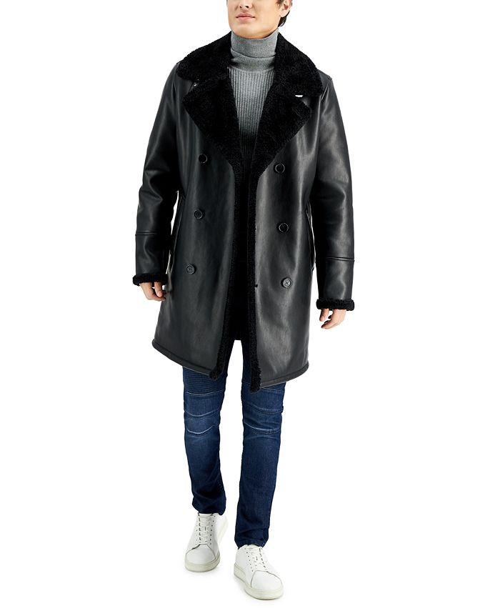 GUESS Men's Long Pleather Double Breasted Coat with Faux Shearling Cuff and Collar 	 & Reviews - ... | Macys (US)