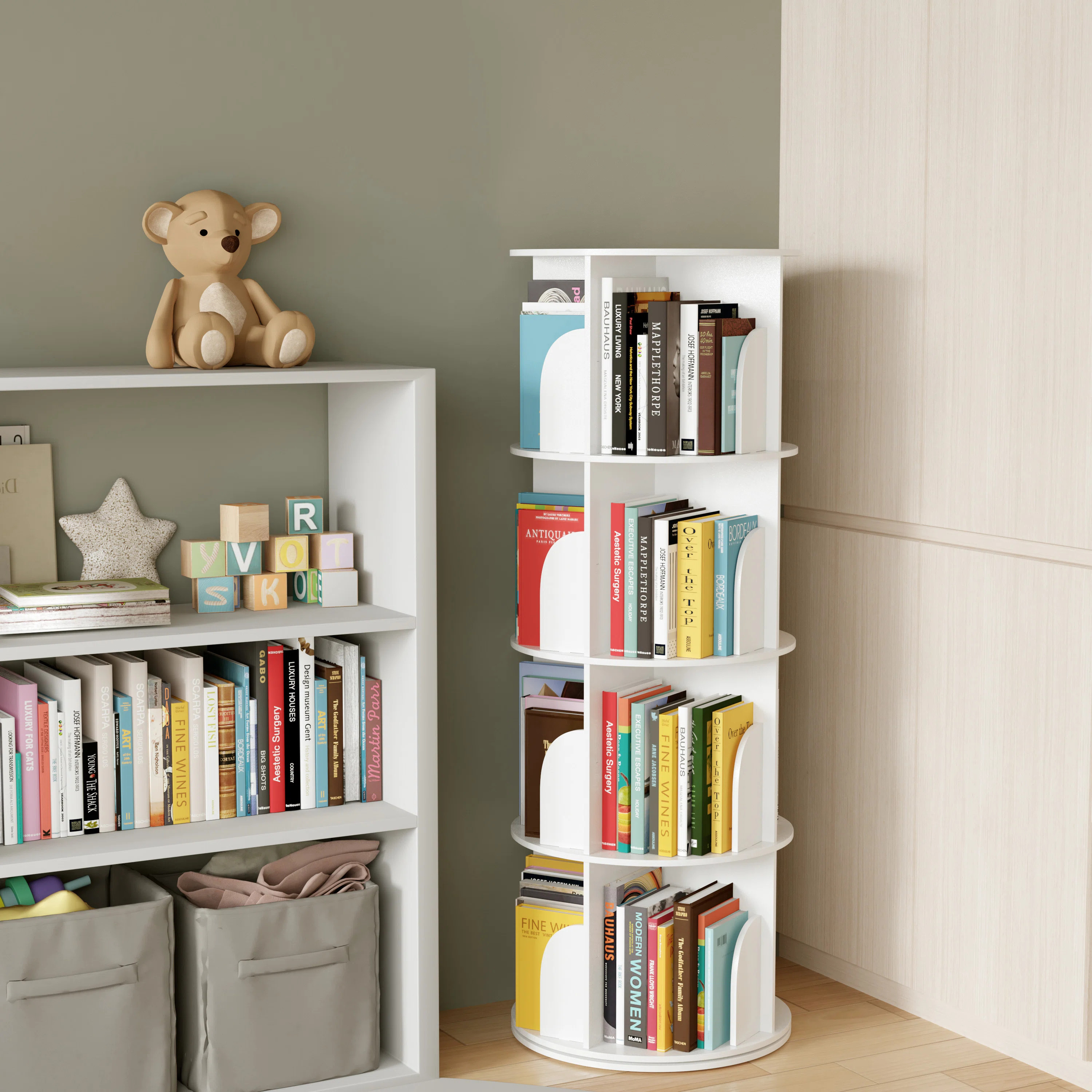 360° Rotating Bookshelf Tower, Vertical Spinning Bookcase with Round Carousel Design, White | Wayfair North America