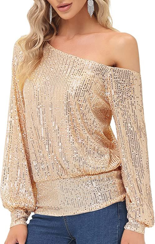 KANCY KOLE Sequin One Shoulder Sparkly Long Sleeve Tops for Holiday Evening Party Club Night | Amazon (US)