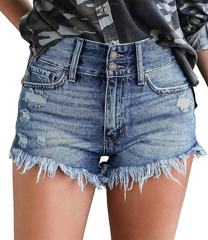 onlypuff Women's Ripped Mid Waisted Denim Shorts with Pockets | Amazon (US)