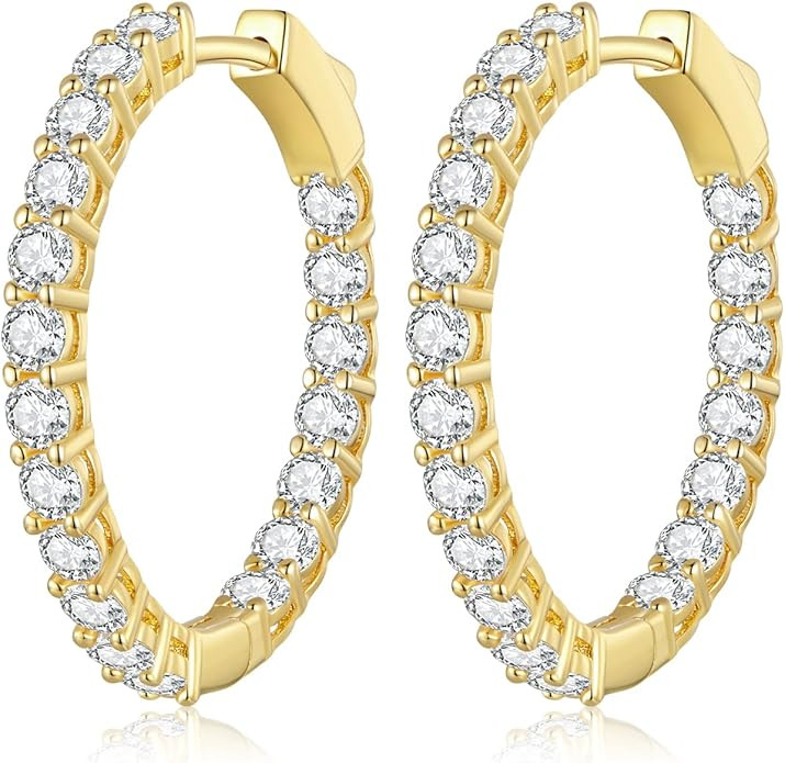 Gold Hoop Earrings for Women 14K Gold Plated Cubic Zirconia Hoop Earrings for Women 30mm Diamond ... | Amazon (US)