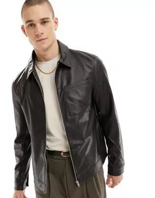 ASOS DESIGN faux leather harrington jacket in black | ASOS (Global)