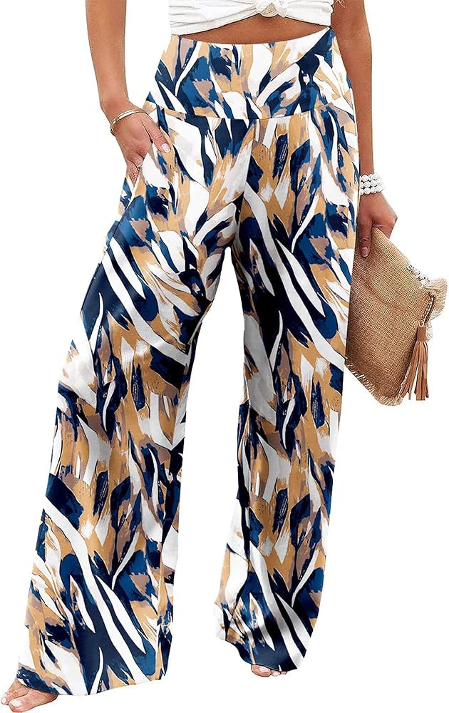 JZC Women's Palazzo Lounge Pants Casual Wide Leg Pants High Waist Flowy Toursers with Pockets | Amazon (US)
