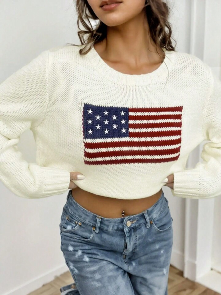 Loose Fit Vintage American Flag Pattern Women's Sweater | SHEIN