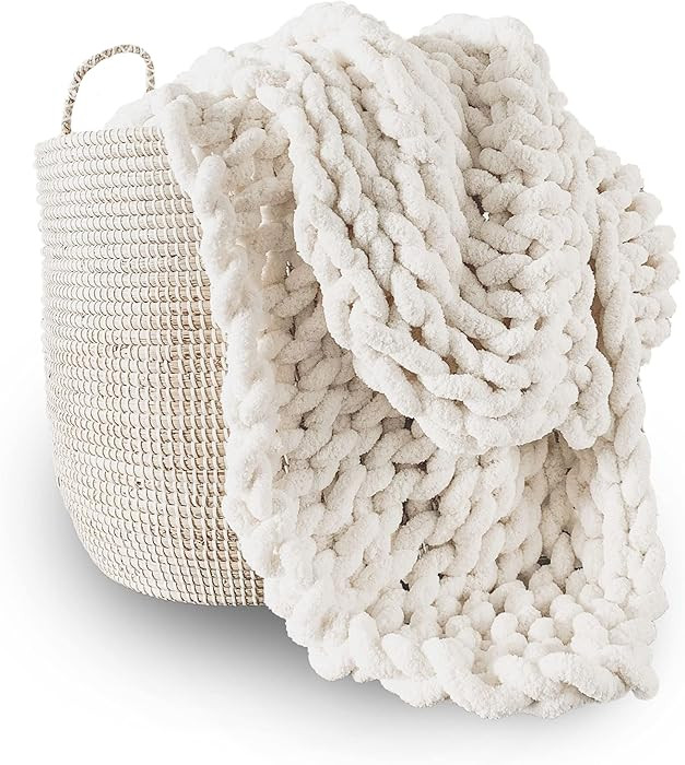 Adyrescia Chunky Knit Blanket Throw | 100% Hand Knit with Jumbo Chenille Yarn (60"x80", Cream Whi... | Amazon (US)