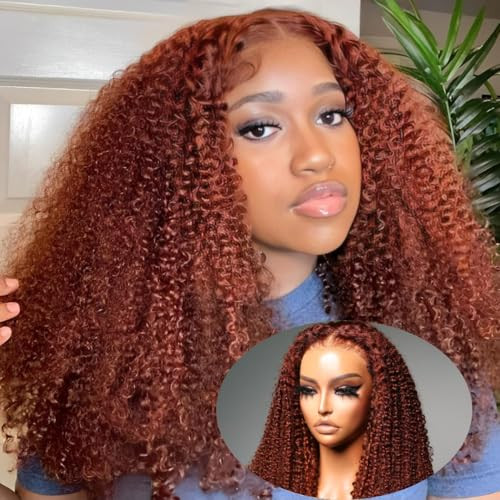 KLAIYI 4C Kinky Curly Reddish Brown 13x4 Lace Front Human Hair Cooper Red Afro Curly Glueless Lace Wigs for Black Women Auburn Brown Deep Curly Wave Colored Wig Pre Plucked with Baby Hair 180% 24Inch | Amazon (US)