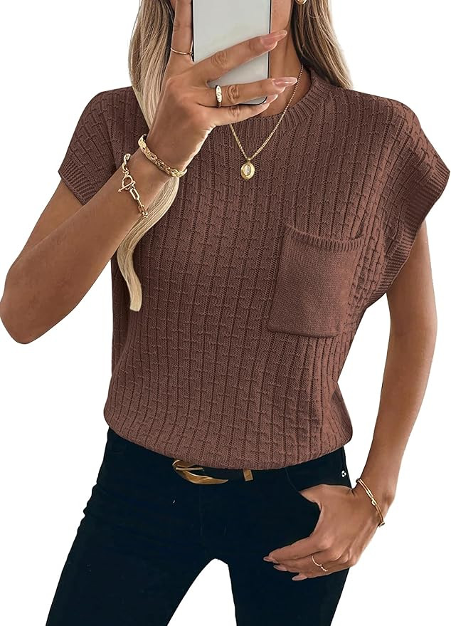Womens Short Sleeve Sweaters Summer Cap Sleeve Tops Casual Crewneck Oversized Lightweight Knit Sw... | Amazon (US)