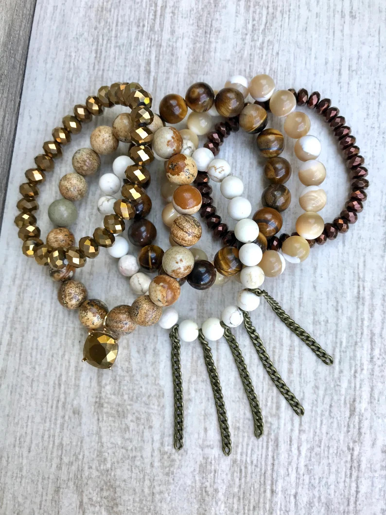 Caramel Macchiato, bracelet stack, cream and brown bracelets, handmade, beaded bracelets | Etsy (US)