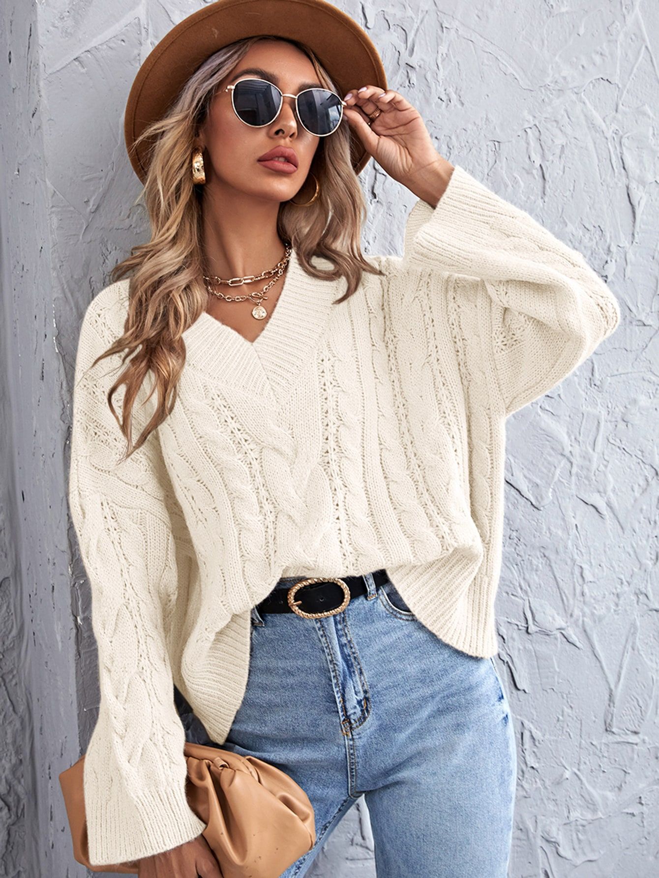 Pullover mit Zopfmuster und V Kragen | SHEIN