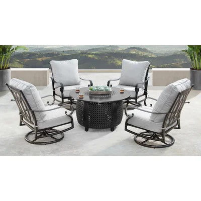 Outdoor Aluminum 44 In. Round Fire Table Set With Four Deep Seating Swivel Rocking Chairs, Wind Blocker, Fire Beads, Lid And Fabric Cover | Perigold