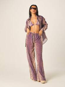 MISSGUIDED Purple Snake Print Beach Cover Up Wide Leg Palazzo Pants With Elastic Waist And Drawst... | SHEIN