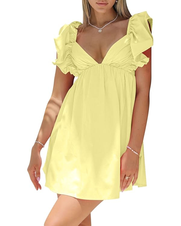hibshaby Womens Sexy Deep V Neck Ruffle Sleeve Mini Dress Backless Lace Up Summer Dresses | Amazon (US)