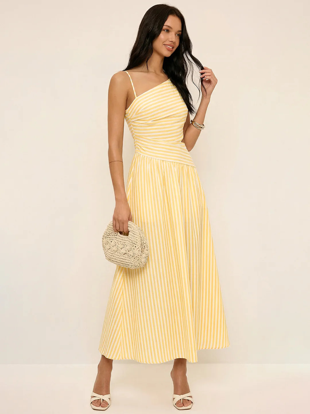 Striped Cut-Out Asymmetric Cami Maxi Dress | Commense