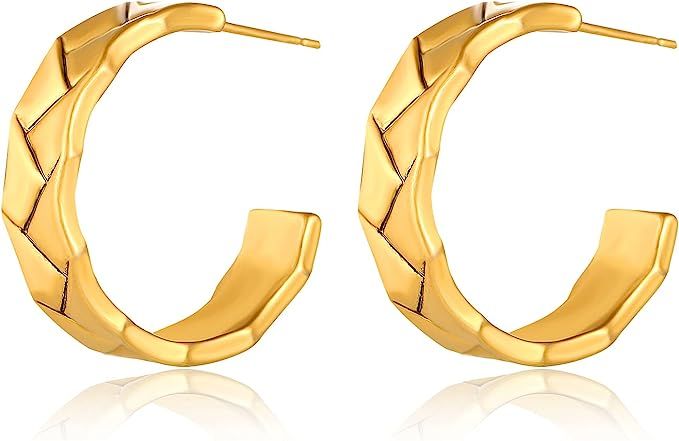 Gold Hoop Earrings for Women Teens Girls, Basketweave Pattern Ear Cuffs with Post Back Closure, H... | Amazon (US)