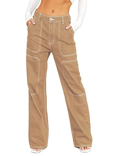 Dokotoo Women's Casual Mid Waist Cargo Jeans Stretch Wide Leg Denim Pants with Pockets | Amazon (US)