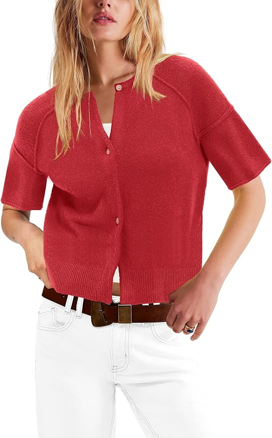 Nirovien Womens Casual Short Sleeve Cardigan Lightweight Button Down Knitted Sweater Crew Neck Cr... | Amazon (US)