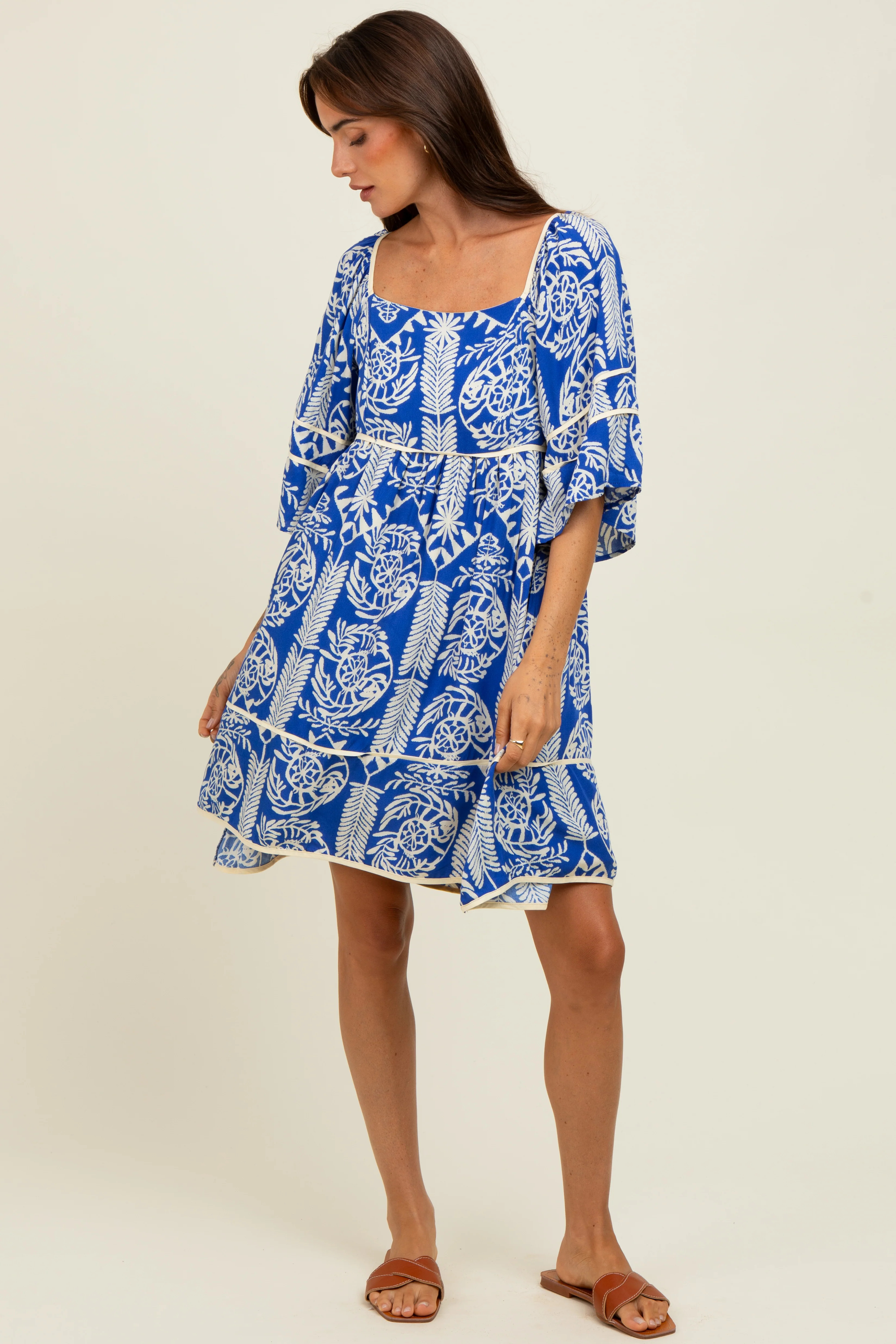 Royal Blue Printed Tie Back Contrast Trim Dress - Small | PinkBlush Maternity