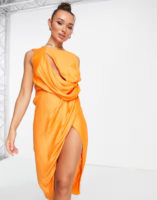 ASOS DESIGN drape bodice midi dress with split detail in orange | ASOS (Global)