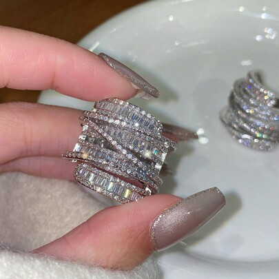 1pc Luxurious High-End Wide-Band Stacked Birthstone & Cubic Zirconia Inlay Ring With Shiny Unique Style And Cold Atmosphere Design, Perfect For Ladies | SHEIN