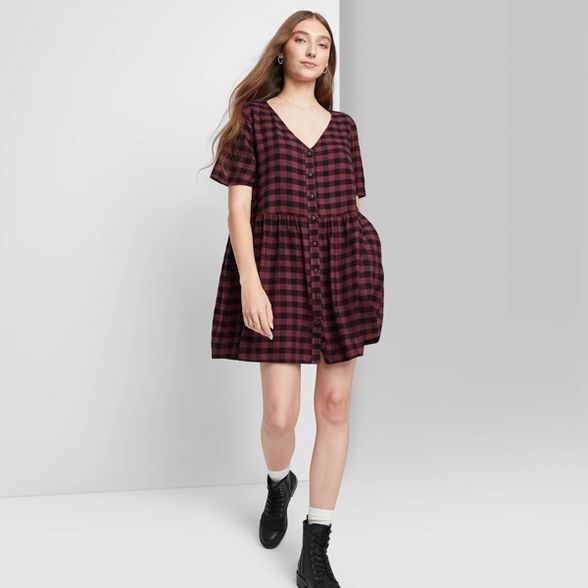 Women&#39;s Short Sleeve Button-Front Woven Shirtdress - Wild Fable&#8482; Wine Plaid M | Target