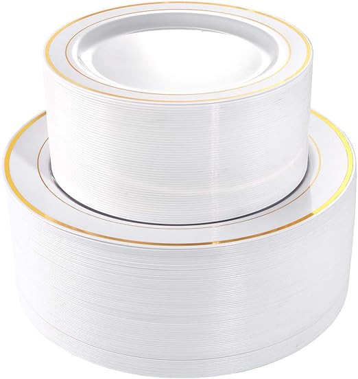 I00000 102 Pieces Gold Plastic Plates, Disposable Party Plates White Gold Rim, 51 Disposable Gold... | Amazon (US)