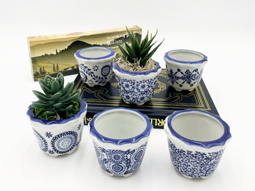 Mini Blue-inked Floral Planters - Etsy | Etsy (US)