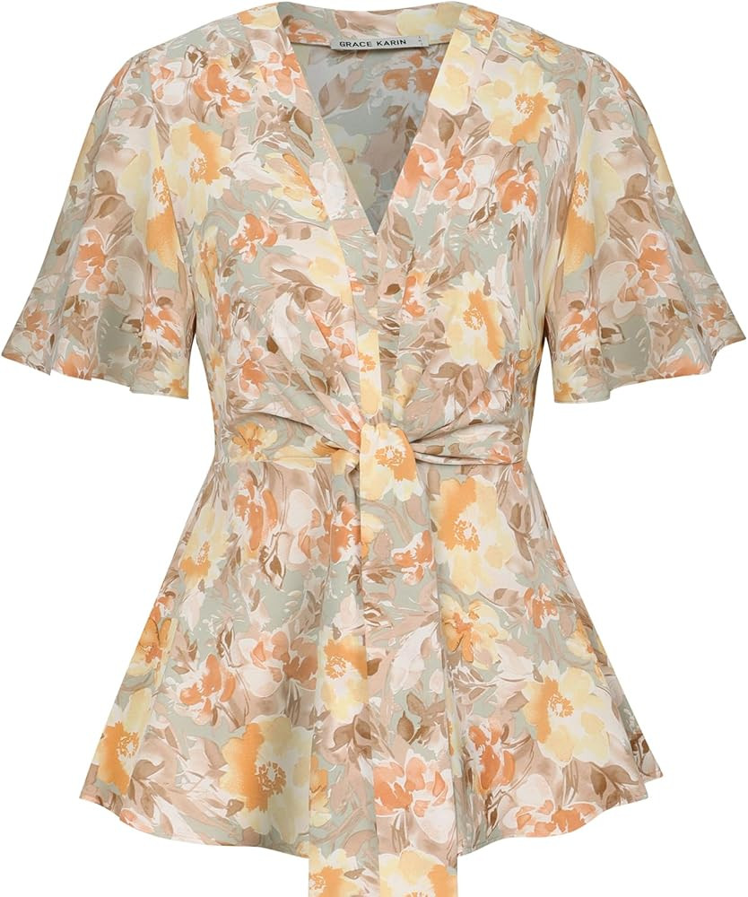 GRACE KARIN 2024 Women's Elegant V Neck Floral Peplum Tops Tie Front Short Bell Sleeve Shirts Top... | Amazon (US)