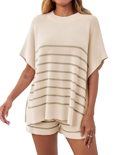 Fisoew Women's Striped 2 Piece Outfits Oversized Batwing Short Sleeve Tops High Waisted Shorts Summer Knit Lounge Short Sets Apricot | Amazon (US)