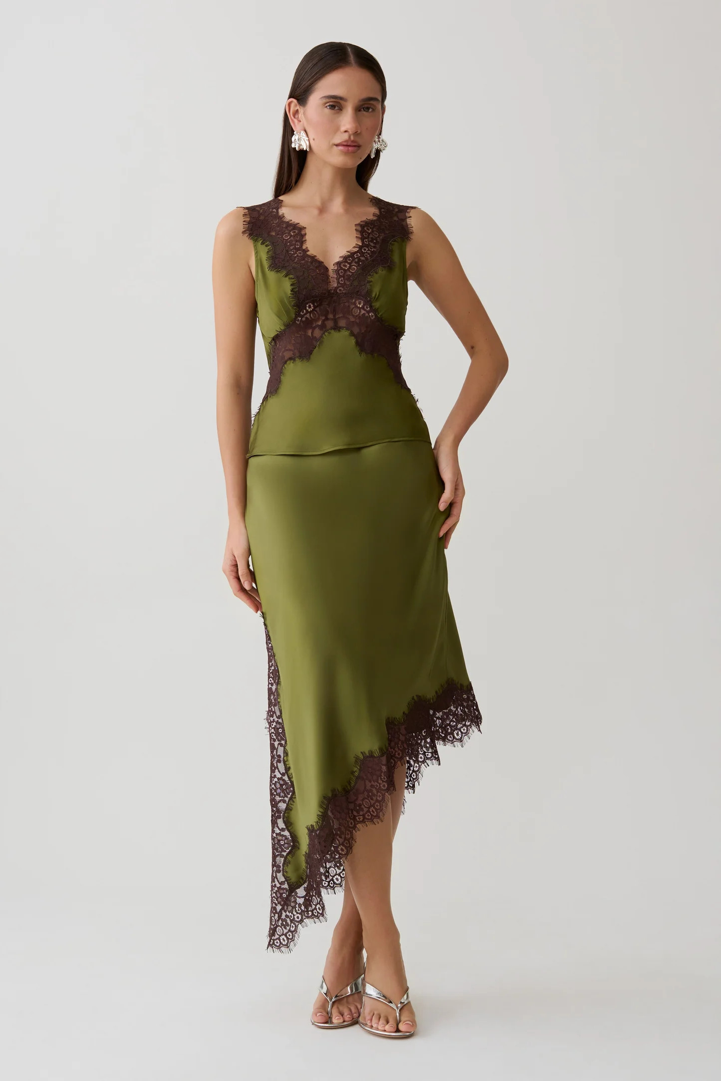 Amber Satin And Lace Camisole - Olive | Meshki UK