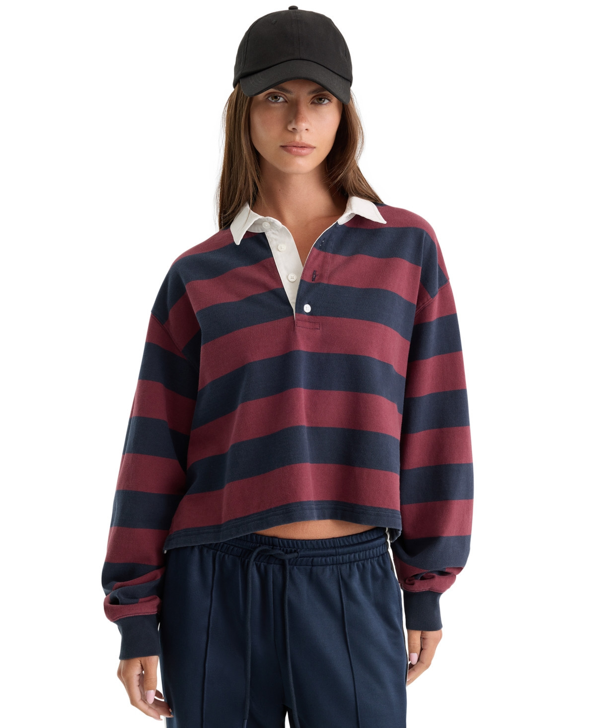 Good American Women's Cropped Rugby Polo T-Shirt - Navy Berry Noir Block Stripe | Macy's