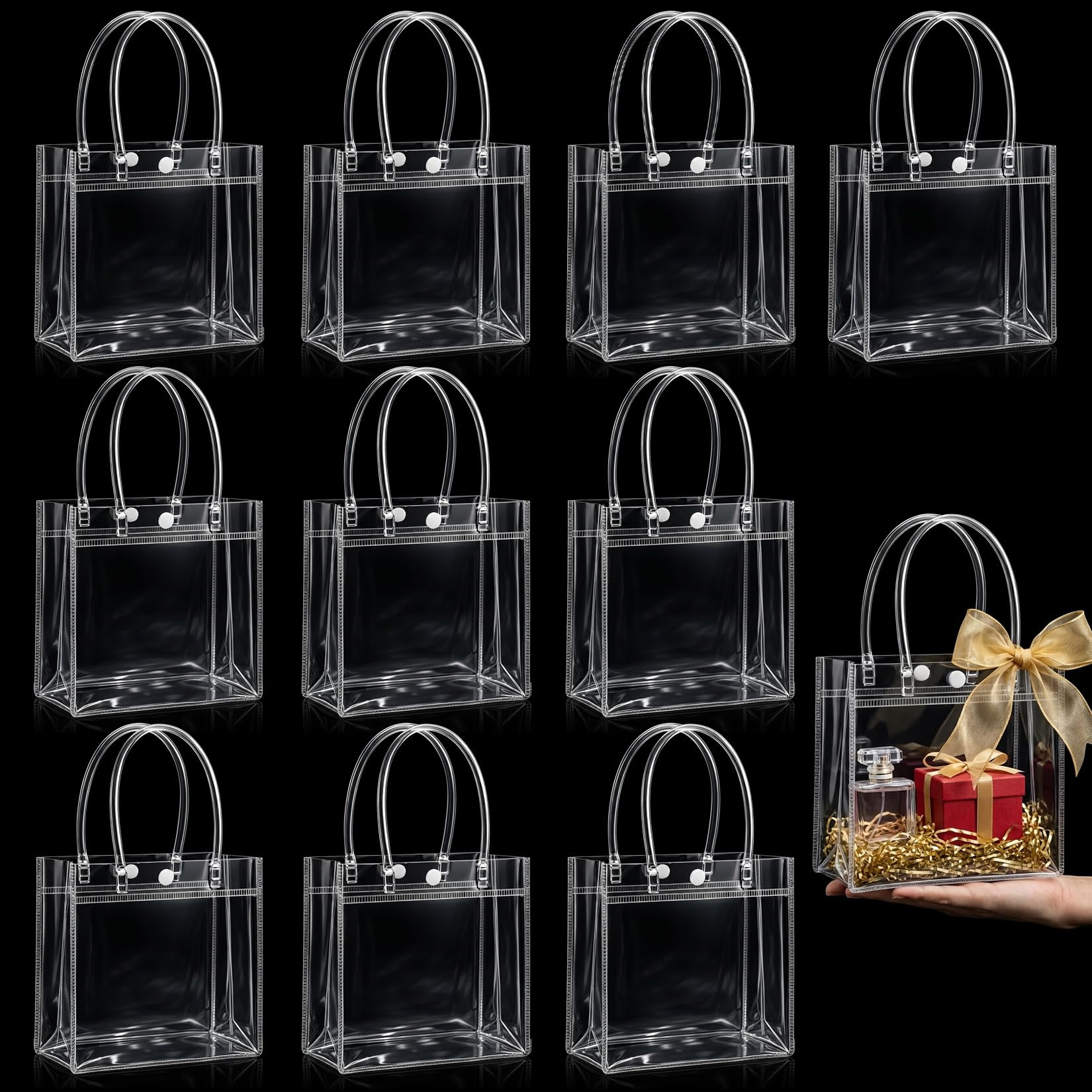 MAQIHAN Clear Gift Bags with Handles - 10 Party Favor Candy Bags, Plastic Goodie Bags Transparent... | Amazon (US)