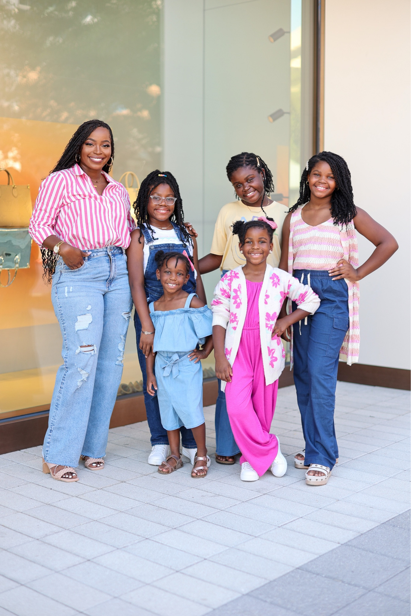 Back to School: 📚🎉Wide leg pants, pink striped button down,  pink and blue rompers and cargo pants with sleevesless stripes two piece sweater set to match, Jean overalls l, happy tee shirt and chambray flare pants 🎉📚 #backtoschool #familystyle 

#LTKstyletip #LTKBacktoSchool #LTKfamily