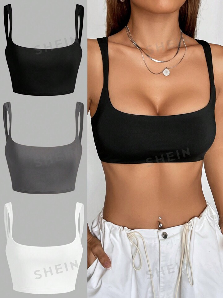 SHEIN EZwear 3pcs Women's Solid Color Basic Crop Top Camisole Top For Fashion Matching | SHEIN