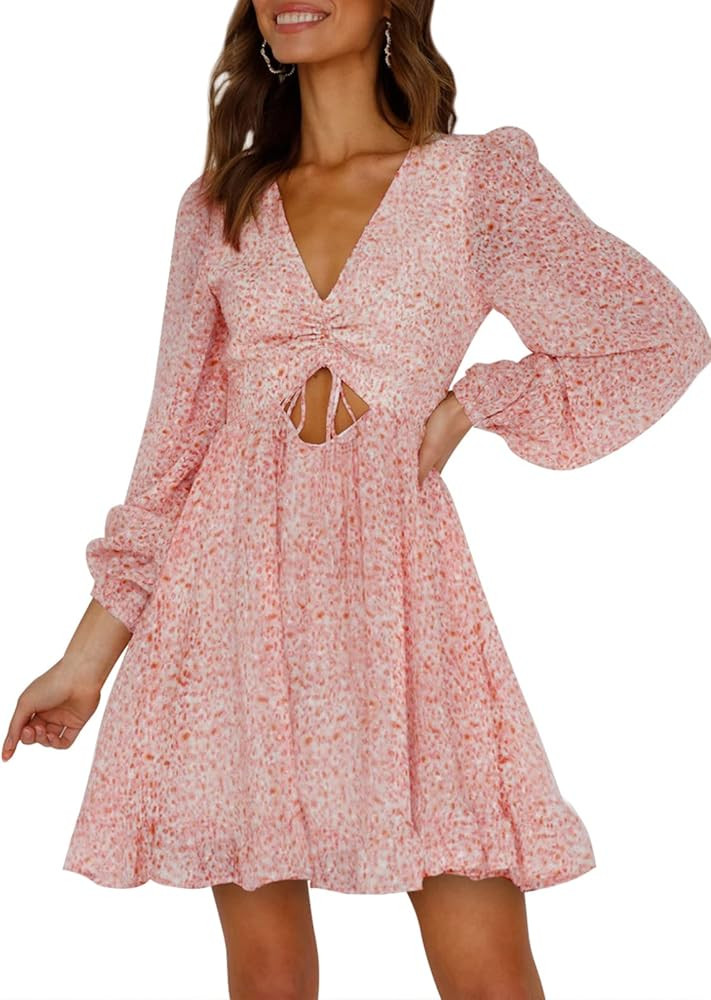 Actloe Women's Dresses Long Sleeve Spring Summer Casual Floral V Neck Ruffle Tie Front Mini Dress S- | Amazon (US)