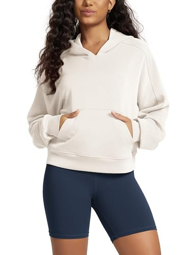 ODODOS Modal Soft Long Sleeve Cropped Hoodie for Women Oversized Pullover Sweatshirts with Pocket, Ivory, Small | Amazon (US)
